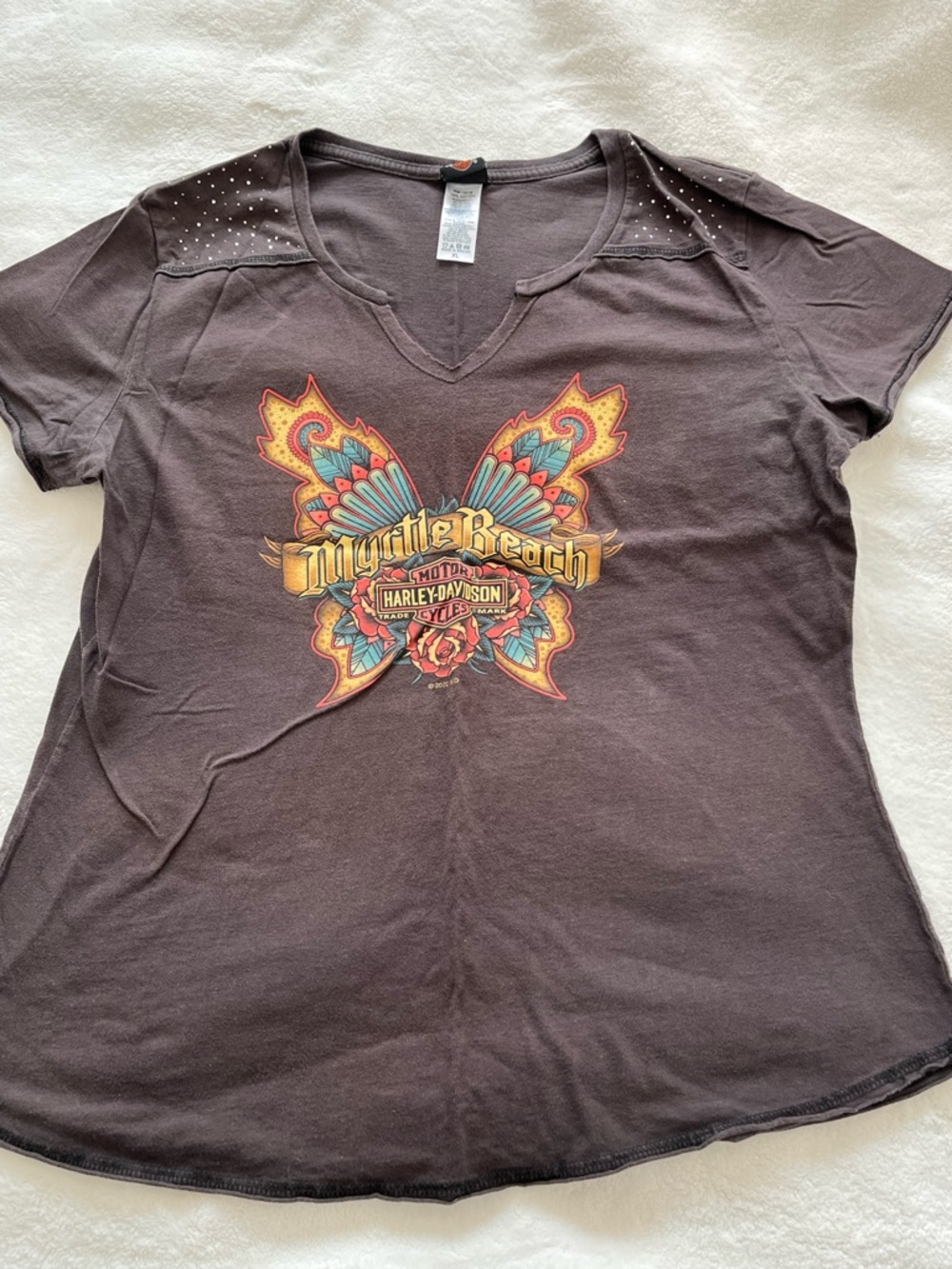 Harley-Davidson Black V-Neck Tee with Colorful Butterfly Graphic